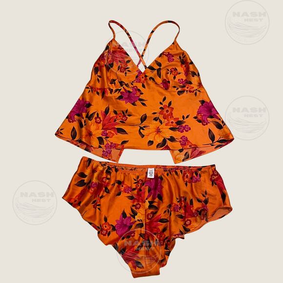Victoria’s Secret Satin Floral Pajama Set XL | Orange Cami & Shorts, Tropical - Picture 1 of 6